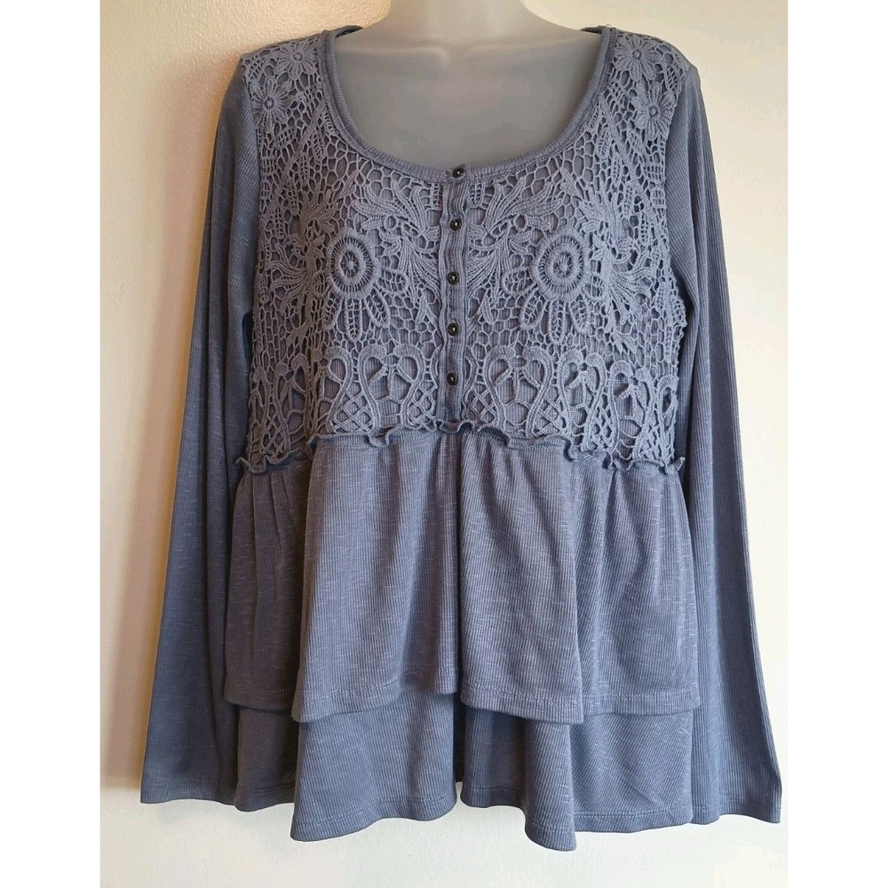 Knox Rose Top Large Dusty Blue Crochet Lace Babydoll Tiered Boho Long Sleeve